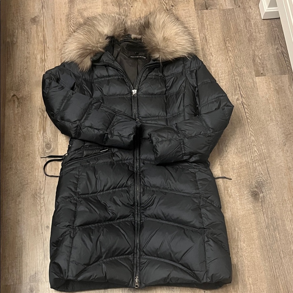 Dawn Levy Navy Blue Puffer with detachable Fur Collar, velvet lace up, sz. M - Picture 4 of 9